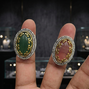 Vintage Natural Stone Oval Statement <b>Ring</b> <b>Gold</b> Tone Filigree Crystal Border Elegant Women <b>Cocktail</b> Fashion Jewelry - Product Image 3