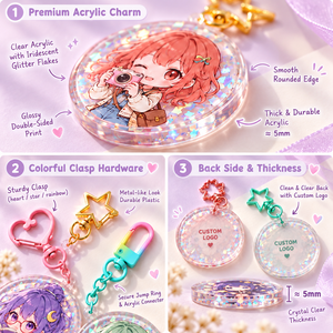 Porte-clés en acrylique personnalisé avec paillettes et résine époxy, personnages Chibi originaux, porte-clés ronds transparents, OEM ODM - Product Image 4
