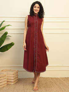 Solid Cotton Tucks A-Line Shirt <b>Dress</b> for Women Mandarin Collar <b>Sleeveless</b> Ankle Length Regular Fit <b>Summer</b> Western Party Casual - Product Image 6