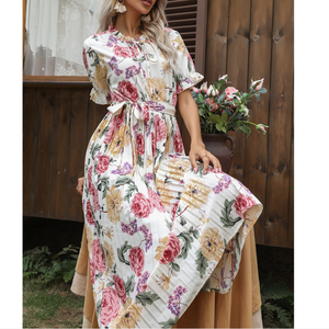 Vestido largo bohemio de verano <span class=keywords><strong>con</strong></span> manga corta y volantes, traje plisado <span class=keywords><strong>con</strong></span> flores, cinturón, color rosa y verde, para vacaciones y <span class=keywords><strong>playa</strong></span>, S-XL - Product Image 3