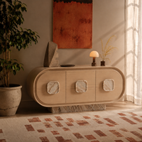 Buffet moderne de luxe 67 pouces en bois naturel avec poignées en travertin, pour projets hôteliers et villas, fabricant OEM/ODM