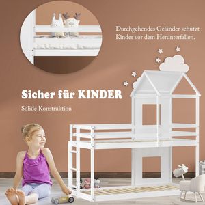 Lit superposé en bois pour enfants 90x200cm, lit mezzanine 2 places avec design <span class=keywords><strong>cabane</strong></span> et barrière, pour chambre à coucher - Product Image 4
