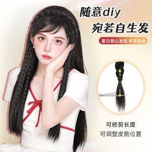 Peluca con diadema trenzada de dos hebras, con diadema, fibra resistente al calor, cobertura completa para mujer, estilo cola de caballo - Product Image 1