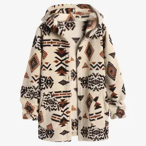 Haute qualité mode hiver chaud Vintage polaire fourrure laine d'agneau surdimensionné aztèque à capuche manteau femmes