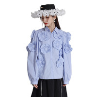 Chemise Femme à Grandes Fleurs en Relief, Design Plissé, Collection Printemps 2024, Haute Couture Chic, Manches Longues, Décontractée avec Ceinture, Idéale pour l'Été
