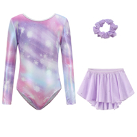 Ensemble de justaucorps de gymnastique à manches longues personnalisé pour filles B88 Galaxy, jupe en mousseline scintillante, chouchou pour cheveux, tenue de danse et de gymnastique pour enfants