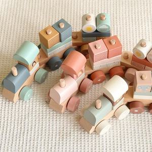 Train en bois style Instagram, thème coucher de soleil, blocs de construction en bois de hêtre de grande taille, jouet éducatif, fonctionnant sur piles électriques - Product Image 1