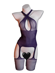 Body de nailon negro para mujer con diseño cruzado, malla transparente y medias de red integradas, conjunto de lencería Teddy todo en uno - Product Image 5