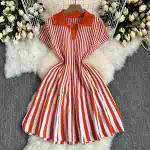 Maxfree Striped Knitted Polo Neck A-Line Midi <b>Dress</b> Short Sleeve Casual Summer <b>Dress</b> Breathable Regular Fit - Product Image 6