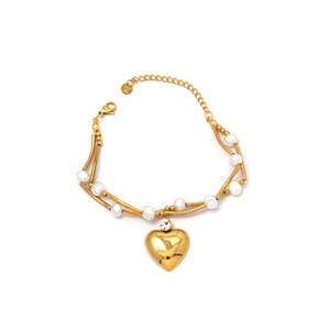 Gold Plated Stainless Steel <b>Beaded</b> <b>Bracelet</b> With Pearl And Heart Charm For Women Fashion Jewelry - Product Image 1