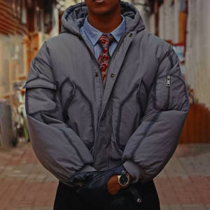 Мужская джинсовая куртка-бомбер с капюшоном, эффектом распаривания швов, из необработанного денима, винтажная рабочая одежда, толстая, стильная, объемная куртка-бомбер - Product Image 1