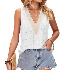 Fashion Women'S T-Shirt 2024 New Solid Loose Fit T-Shirt V-Neck Lace T-Shirt Pullover Sleeveless Top Tank Top