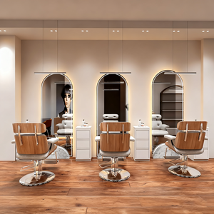 Chaise <span class=keywords><strong>de</strong></span> barbier en bois sur mesure avec miroir LED en arc, design moderne minimaliste pour <span class=keywords><strong>salon</strong></span> <span class=keywords><strong>de</strong></span> coiffure féminin, design d'intérieur complet - Product Image 1