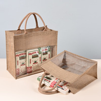 Sac fourre-tout transparent en lin et jute écologique avec fenêtre, personnalisable, à la mode, avec poignée en corde de coton blanche et boucle, imprimé