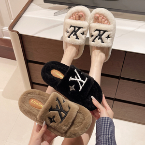 Trendy Plush Open-Toe <b>Slippers</b> Women Luxury Embroidered Fluffy Indoor Shoes Winter Warm Non-slip Thick Sole Cozy Home <b>Slippers</b> - Product Image 1