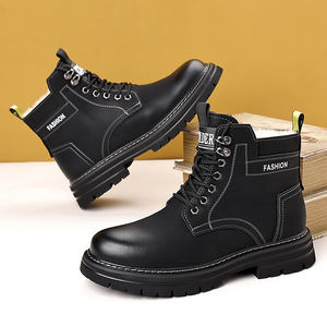 Botas Martin para hombre, botines cálidos con forro de piel para invierno, punta redonda, cordones, suela de goma, color sólido, cuero artificial - Product Image 2