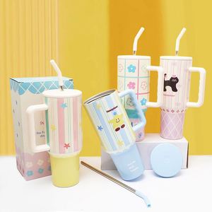 <b>Macaron</b>-colored Large-capacity Stainless Steel Car Cup with Drinking Straw and Water Bottle - Product Image 2