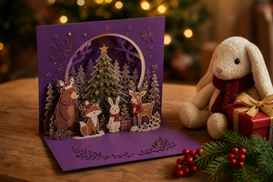 Carte de Noël 3D Pop-up au design original ZS-PC0221, Forêt, Père Noël, Bonhomme de neige, Animaux, Guirlande, Petite carte - Product Image 2