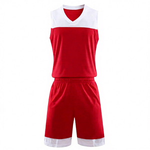 Ensemble d'uniformes de basketball personnalisés pour hommes, col en V, blocs de couleur, respirant, en maille polyester, avec shorts - Product Image 1