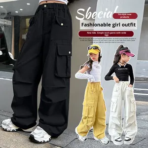 Pantalons <span class=keywords><strong>cargo</strong></span> pour filles, grandes filles, printemps automne 2025, nouveau style coréen décontracté, jambe large droite, coton, taille élastique - Product Image 2