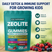 Compléments alimentaires en gommes de zéolite pour enfants 9 en 1, saveur de fruits rouges mélangés avec oméga 3, magnésium, vitamine C, zinc, 60 unités, sachet refermable