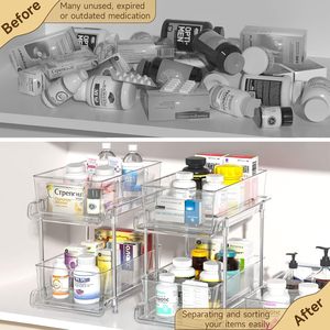 Organisateur de comptoir coulissant à <span class=keywords><strong>2</strong></span> niveaux en plastique transparent CF pour sous-évier, cuisine, garde-manger, armoire à pharmacie, rangement de salle de bain avec séparateurs - Product Image 3