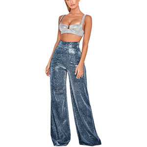 <span class=keywords><strong>Pantaloni</strong></span> Sexy a Vita Alta Argento Scintillanti a Gamba Larga da Donna, <span class=keywords><strong>Pantaloni</strong></span> Palazzo Luccicanti Vestibilità Ampia, <span class=keywords><strong>Pantaloni</strong></span> Metallici Lucidi per Feste ed Eventi Serale - Product Image 4