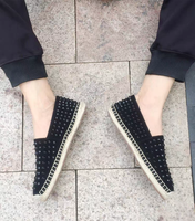Chaussures espadrilles plates sportives pour hommes bout en acier daim noir clouté bouton fermeture corde de chanvre semelle intermédiaire semelle extérieure en caoutchouc tendance de la mode
