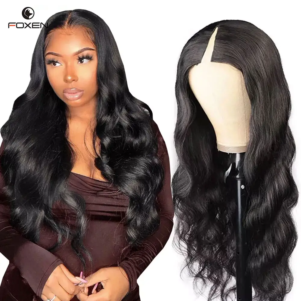 No Lace Machine Made V Part Human Hair Body Wave Wig For Women Glueless V Part Brazilian Hair Wigs Thin V Part Clip In Wig