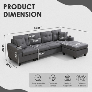 Sofá seccional Runwood moderno <span class=keywords><strong>de</strong></span> 4 plazas, juego <span class=keywords><strong>de</strong></span> muebles para sala <span class=keywords><strong>de</strong></span> estar con chaise longue reversible en forma <span class=keywords><strong>de</strong></span> L, tapizado en tela <span class=keywords><strong>de</strong></span> lino. - Product Image 2