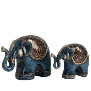 Statuette en forme d'éléphant de couples pour cadeau de mariage, décoration créative de la maison, ensemble de 2 pièces, de salon, ornement en or/bleu