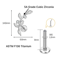 JiaXin ASTM F136 G23 Titanio Push Pin Sin Rosca para Labret, Labio, Hélix, Concha, Cartílago, con Incrustación de Corazón de Circonita Cúbica, Joyería para Piercing 16G