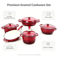 Ensemble de 5 casseroles de cuisson LFGB FDA, classique, personnalisable OEM ODM, couleur, cocotte, compatible tous feux et fours, batterie de cuisine en fonte émaillée