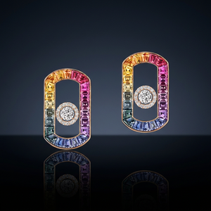 Boucles d'oreilles clous géométriques de luxe en or 18 carats avec saphir arc-en-ciel et diamant taille brillant rond pour femme, à porter au quotidien - Product Image 3