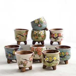 New carved ceramic flower pot hand-painted pottery basin wholesale green plant succulent pot mini porcelain bonsai desktop decor