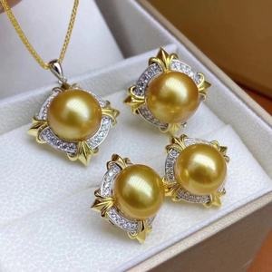 Parures de bijoux en or plaqué 18 carats, épaisses et imposantes, boucles d'oreilles dorées couleur café de 11-10 mm, pendentif de 12-11 mm, bague de 12-11 mm, chaîne en argent - Product Image 1