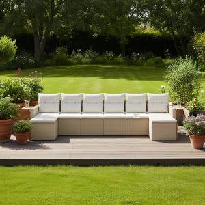 Ensemble de canapés de jardin en rotin beige avec structure en acier et meubles d'extérieur en bois d'acacia pour 6 personnes, design contemporain - Product Image 2