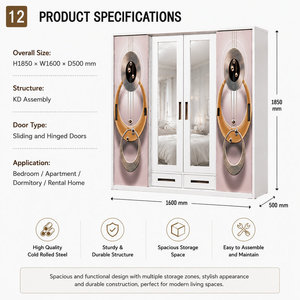 Armoire en acier avec portes coulissantes imprimées, double miroir et tiroirs pour le rangement de vêtements et l'organisation de la maison dans une chambre moderne - Product Image 4