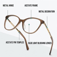 Monture de lunettes optiques élégante en acétate œil de chat avec décoration en métal à chaîne creuse sur les branches, supportant l'impression de logo personnalisé OEM ODM