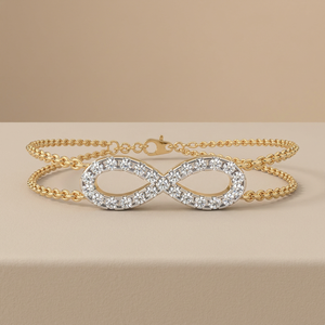 Bracelet double chaîne infini serti de diamants – Diamant de laboratoire CVD pavé en forme de huit, or jaune massif 10K 14K 18K, double rangée - Product Image 1