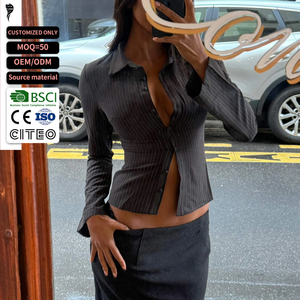 Camisa Corta a Rayas con Botones para Mujer, Manga Larga, Corte Ajustado, Diseño Recortado, Ropa de Oficina, Blusa de Popelina para Todas las Temporadas - Product Image 1