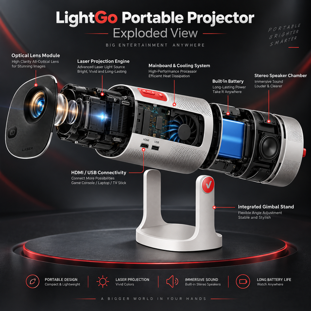 LightGo 1080P Triple Laser Projector 1300 CVIA 20000mAh Battery 1.3X Optical Zoom Mini Portable Outdoor Home Theater