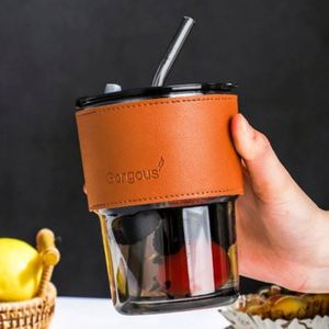 Mug à café en verre imprimé avec logo créatif, avec paille et étui en cuir, réutilisable et portable pour les employés de bureau et les étudiants, couleurs personnalisées - Product Image 2