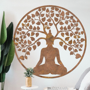 Art mural rustique en forme d'arbre de Bouddha, art du yoga, décoration <span class=keywords><strong>murale</strong></span>, <span class=keywords><strong>sculpture</strong></span> <span class=keywords><strong>murale</strong></span> en métal abstraite représentant une femme avec des <span class=keywords><strong>oiseaux</strong></span> - Product Image 2