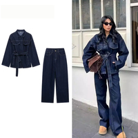 Ensemble décontracté 2 pièces pour femme : veste en jean et jean avec ceinture, finition délavée