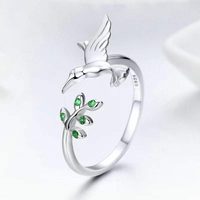 Vente flash - Bague pour femme en argent sterling 925, forme colibri, sertie de zircon vert, réglable, vente en gros personnalisée