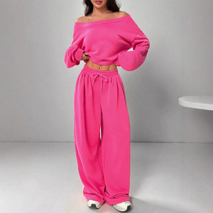 Completo sportivo casual da donna a tinta unita, con felpa scollo a barca e pantaloni larghi con coulisse, modello primaverile semplice e ampio - Product Image 2