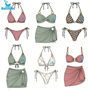 Custom Female Swimwear Beachwear Three Pieces Luxury Bikini Cover Up Smock Shiny Sarong Pareo Bikini Set