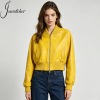 Jxwatcher Blouson Bomber Court en Cuir Véritable de Mouton pour Femme, Chaud et Doux, avec Logo Personnalisé, Tendance Printemps-Automne, Style Jeunesse