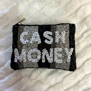 Bolso de mano hecho a mano con cuentas y diseño de letras de dinero en efectivo, con cremallera negra y plateada. - Product Image 1